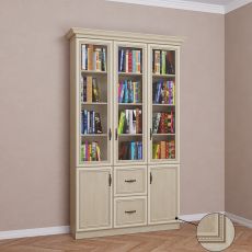 Трехдверный книжный шкаф со стеклянными дверями цвета патина молочный дуб