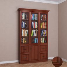 Книжный шкаф со стеклянными дверцами с выдвижными ящиками шириной 120-135 см цвета патина итальянский орех