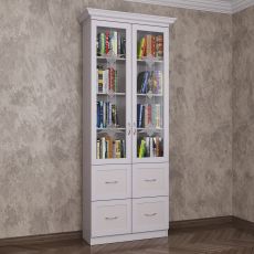 2-створчатый книжный шкаф со стеклянными дверями с выдвижными ящиками белого цвета