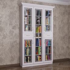 Трехстворчатый книжный шкаф со стеклянными дверцами с ящиками белого цвета