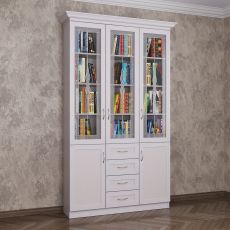 Трехдверный книжный шкаф со стеклом с выдвижными ящиками белого цвета